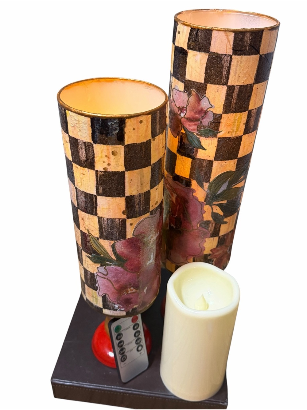 Hand-Painted Checkerboard Floral Candle Holders with Ivory LED Pillar☑️